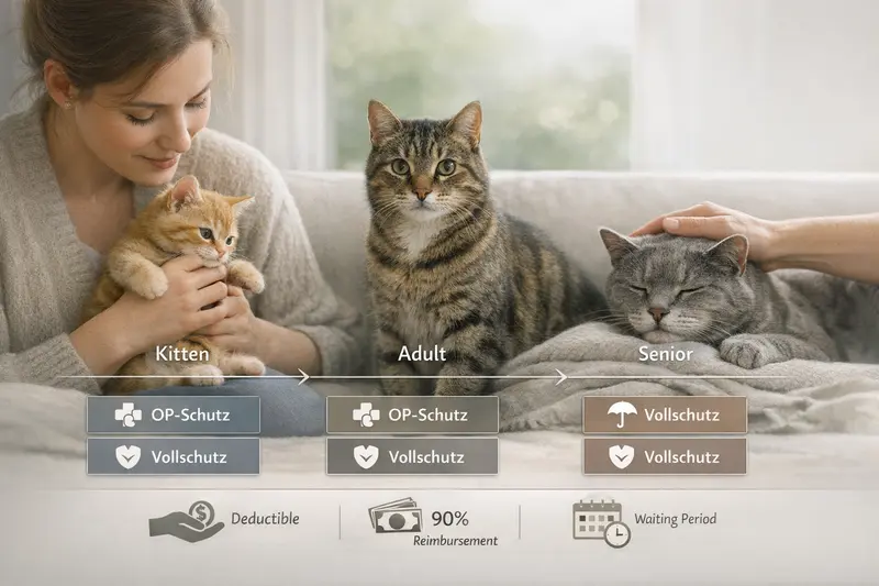 Lebensphasen-Leiste für Katzen von Kitten bis Senior, dargestellt mit passenden Versicherungsoptionen