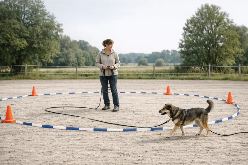 Hund am Rand eines Longierzirkels mit einer Person im Zentrum, umgeben von Pylonen.