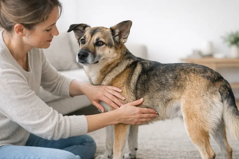 Eine Infografik zur BCS-Einschätzung zeigt die Körperform, Taille und den Rippenbereich von Hunden.