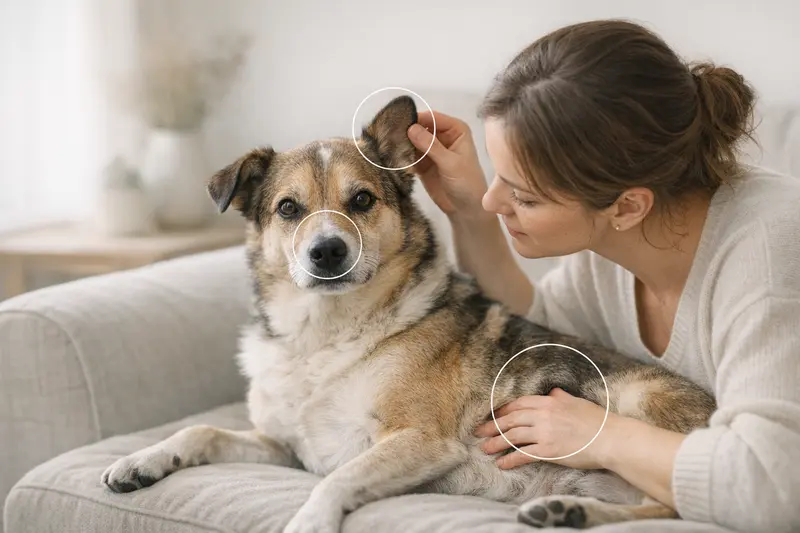Checkgrafik zur Selbstprüfung von betroffenen Körperstellen bei Hunden, einschließlich Nase, Ohren, Schädeldecke und Bauch.
