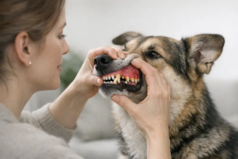 Ein gesunder Hundekiefer mit rosa Zahnfleisch und sichtbar wenig Plaque an den Zähnen.