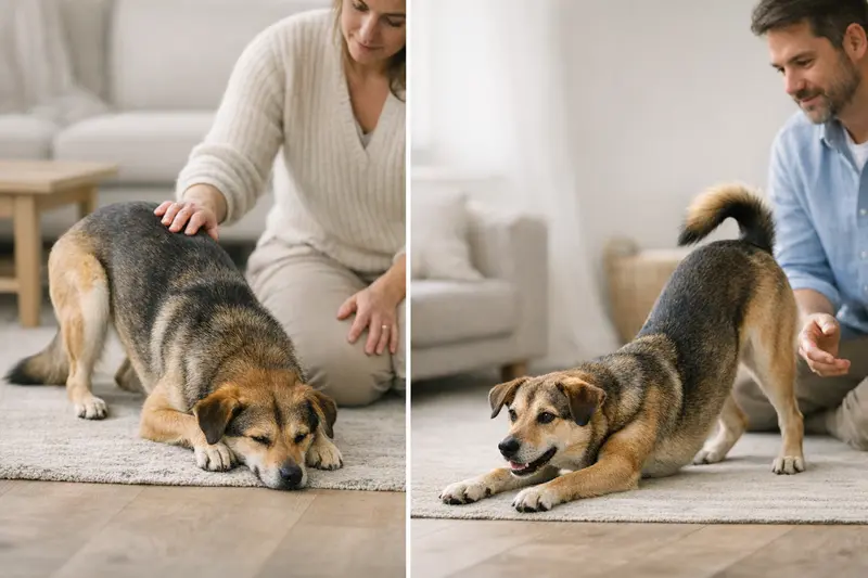 Ein Hund in Gebetsstellung zeigt ein Warnsignal, während ein anderer Hund entspannt spielt.