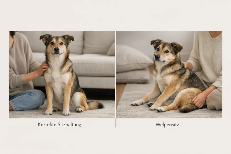 Ein Hund in korrekter Sitzhaltung steht neben einem Welpen, der nicht richtig sitzt.