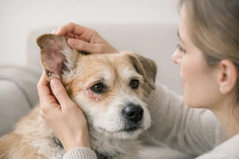 Hundeohren mit schuppigen Stellen als frühes Warnzeichen für Hautprobleme.