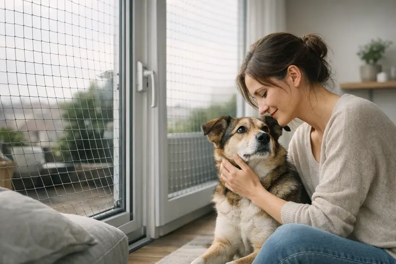 Ein gesichertes Kippfenster und ein korrekt angebrachter Katzennetz als wichtige Sicherheitsmaßnahmen für Katzen in der Wohnung.