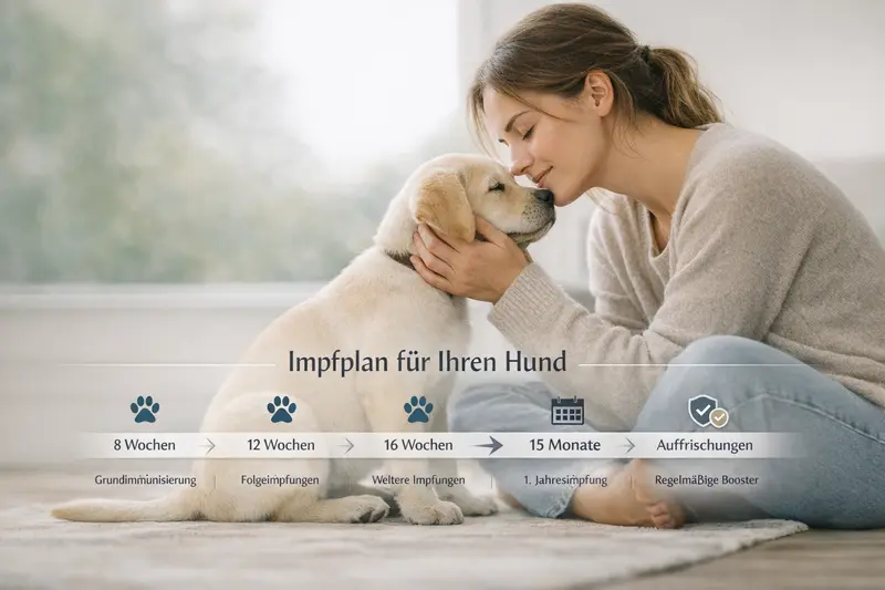 Anschauliche Infografik zum Impfplan für Hunde, die wichtige Impfzeitpunkte zeigt.