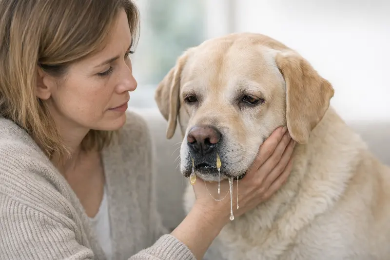 Infografik mit Warnsignalen für Hunde, farblich kategorisiert in Gelb, Rot und Schwarz mit Angaben zu Schleim und Fäden.