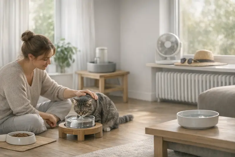 Skizze eines optimalen Wohnungs-Setups mit mehreren Trinkstellen für Katzen im Sommer.
