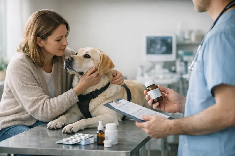 Tierarztgespräch zur Versicherung von laufenden Kontrollen Eine Hundebesitzerin spricht mit ihrem Tierarzt über die laufenden Kontrollen und Medikamente.
