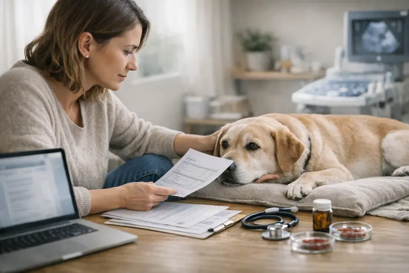 Tarifvergleich für Tierkrankenversicherungen Hundehalter vergleicht Tierversicherungstarife auf einem Tablet mit Fokus auf Erstattungsleistungen.