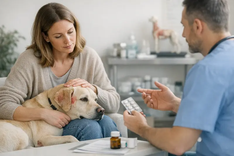Tierarztberatung zu Allergiebehandlungen Hundehalter mit einem Tierarzt, der Allergiebehandlungen für einen Hund erklärt.