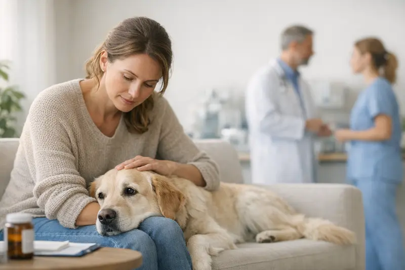Tierarztbesuch: Vorerkrankungen und Wartezeiten Ein Hund und eine Katze beim Tierarzt, während wichtige Informationen zu Vorerkrankungen und Wartezeiten besprochen werden.