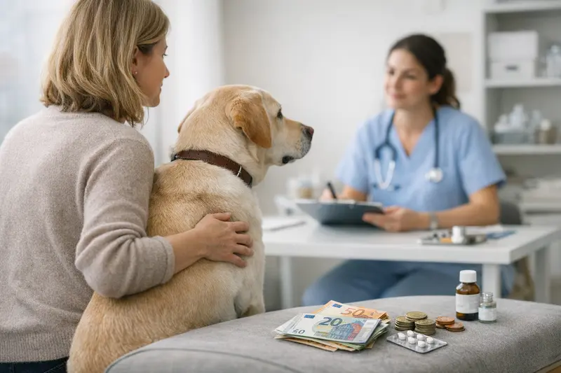 Selbstbeteiligung bei Tierarztbesuchen Hund beim Tierarzt für regelmäßige Kontrolle mit einem Fokus auf den Kosten und Selbstbeteiligung.