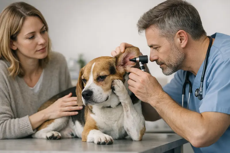 Erkennung von Allergien bei Hunden und Katzen Ein Hund mit tränenden Augen und Hautrötungen deutet auf mögliche Allergien hin.