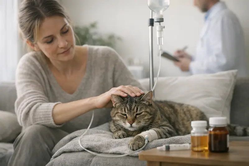 Katzenanämie Behandlung ohne Operation Eine gestresste Katze beim Tierarzt, die auf eine Anämie untersucht wird.