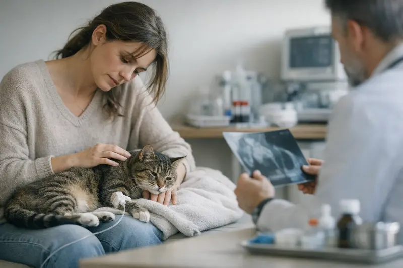 Tierarztgespräch zur Anämie bei Katzen Eine besorgte Katzenhalterin bespricht mit einem Tierarzt die Anzeichen von Anämie bei ihrer Katze.