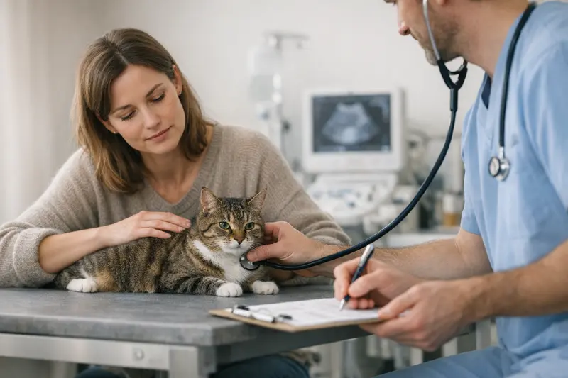 Katze und Krankenversicherung Eine zufriedene Katze untersucht ihre Umgebung, während der Halter über eine Katzenkrankenversicherung nachdenkt.
