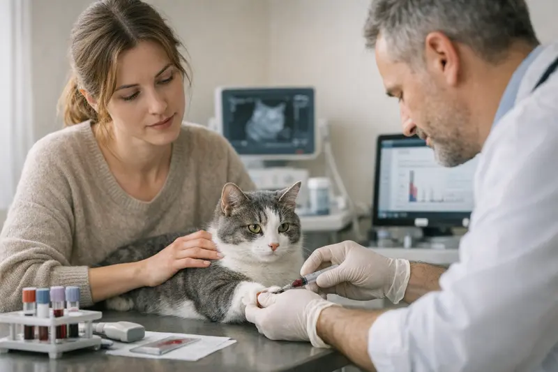 Klinische Untersuchung bei Anämie-Verdacht Klinische Untersuchung einer Katze auf Anämie durch einen Tierarzt.