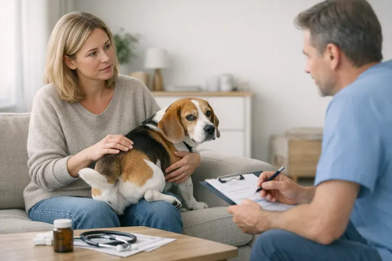 Tierarztuntersuchung bei wiederkehrenden Analbeutel-Problemen Hund beim Tierarzt, der auf Analbeutel-Probleme untersucht wird.