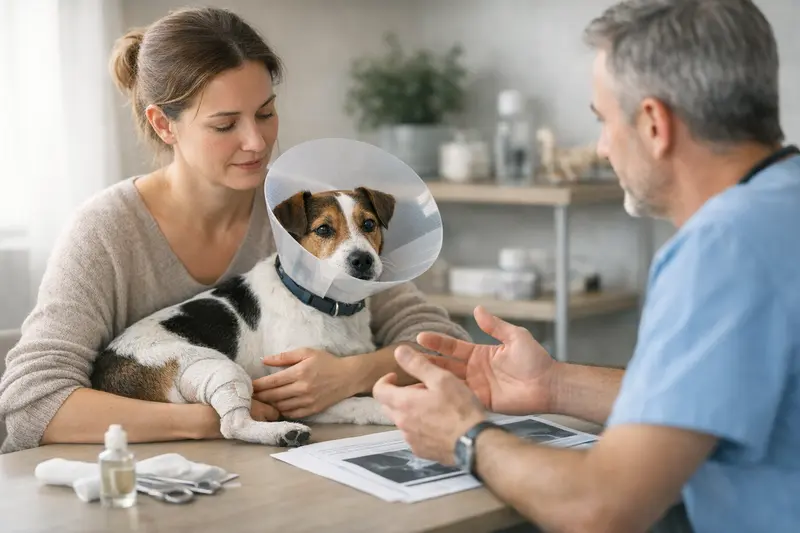 Tierarzt-Consulting zum OP-Schutz bei Analbeutel-Problemen Ein Hundebesitzer spricht mit einem Tierarzt über analen Abszess und OP-Schutz.
