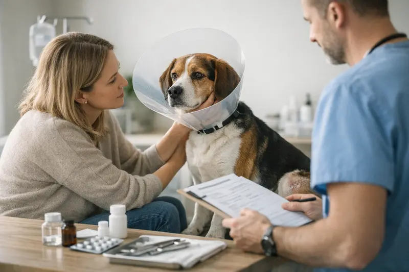 Kostenfaktoren bei Hundekrankheiten Tierarzt untersucht einen Hund mit Anzeichen von Analbeutel-Entzündungen, die Kosten für Behandlung und Nachsorge erfordert.