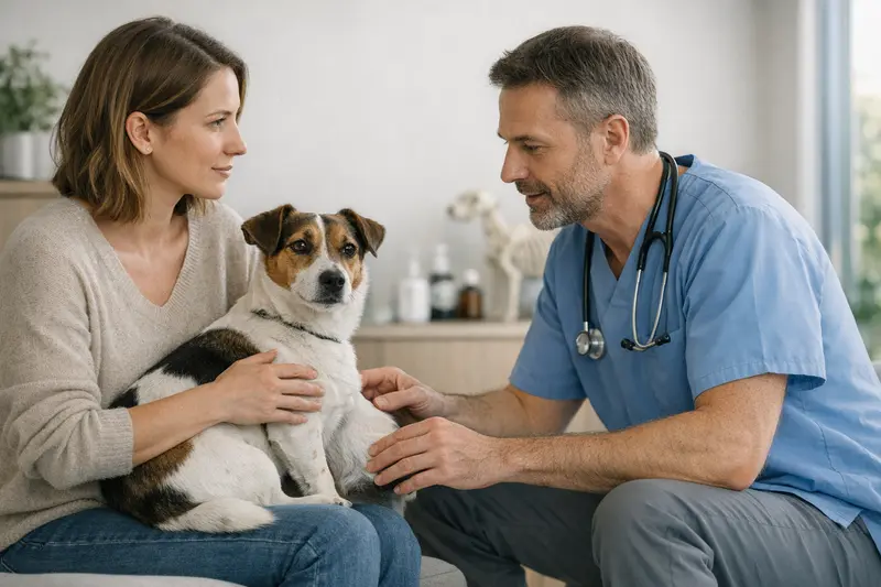 Glücklicher Hund für gesunde Analbeutel Ein glücklicher Hund in einer sauberen, grünen Umgebung, der mit seinem Besitzer spielt und gesunde Bewegungen zeigt.