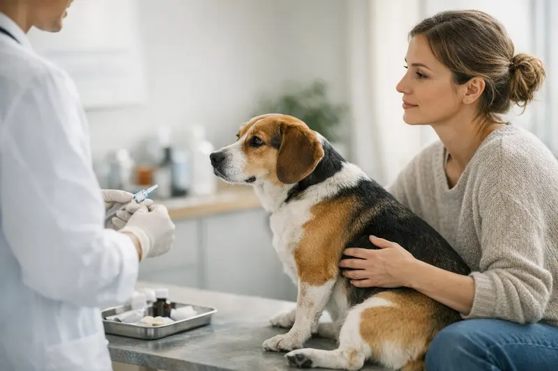 Tierarztbesuch zur analbeutel-Entleerung Ein Hund wird beim Tierarzt untersucht, während die Tierärztin die Notwendigkeit der Analbeutel-Entleerung erklärt.