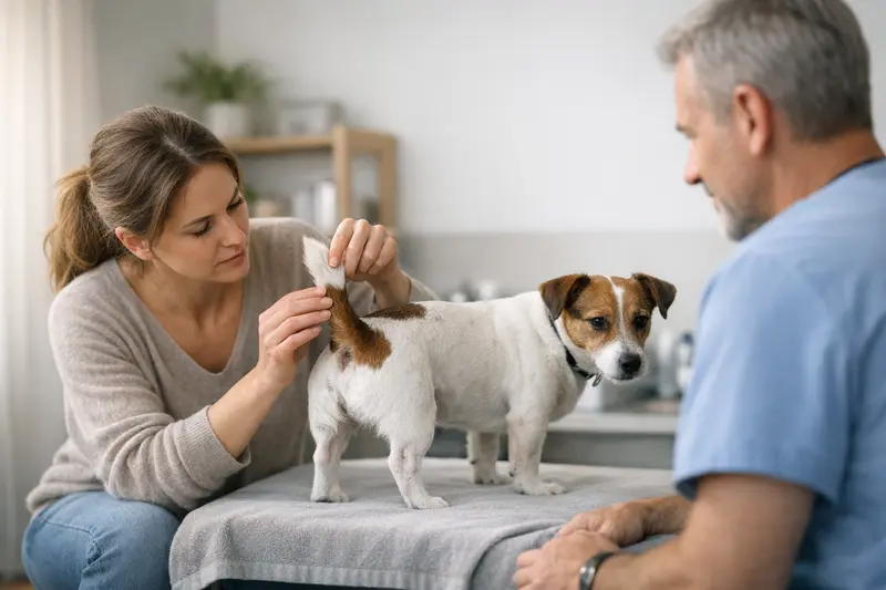 Ein Hund wird vorsichtig von einem Tierarzt untersucht, um die Analdrüsen zu prüfen.