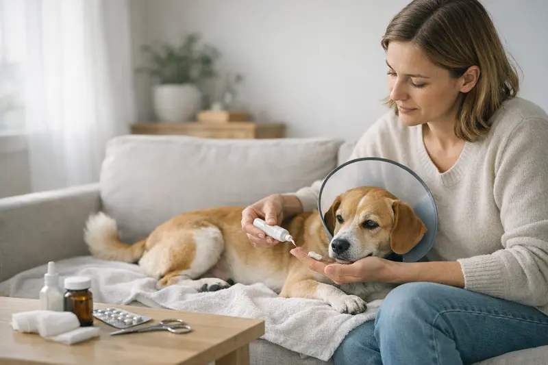 Nachbehandlung bei Hund nach OP Hund beim Tierarzt für eine Nachbehandlung nach einer Operation