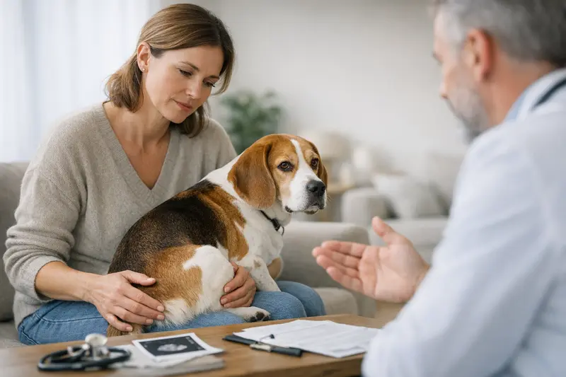 Hund mit Analdrüsenproblemen beim Tierarzt zur Untersuchung.