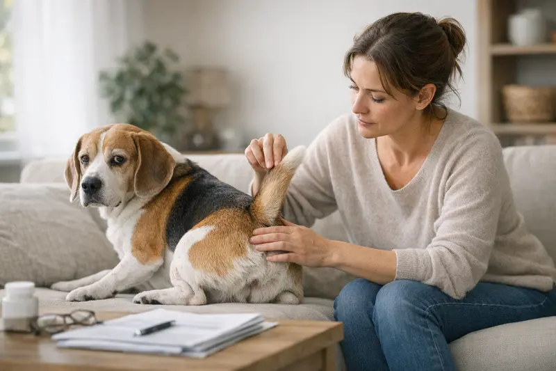Tierarztuntersuchung bei Analdrüsenproblemen Hund mit Veterinär, der auf Analdrüsenprobleme untersucht wird.