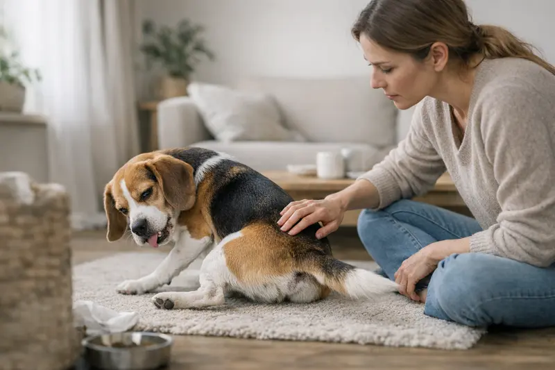 Symptome von Analdrüsenproblemen bei Hunden Hunderassen zeigen Symptome von Analdrüsenproblemen, wie Schlittenfahren und Lecken am After.