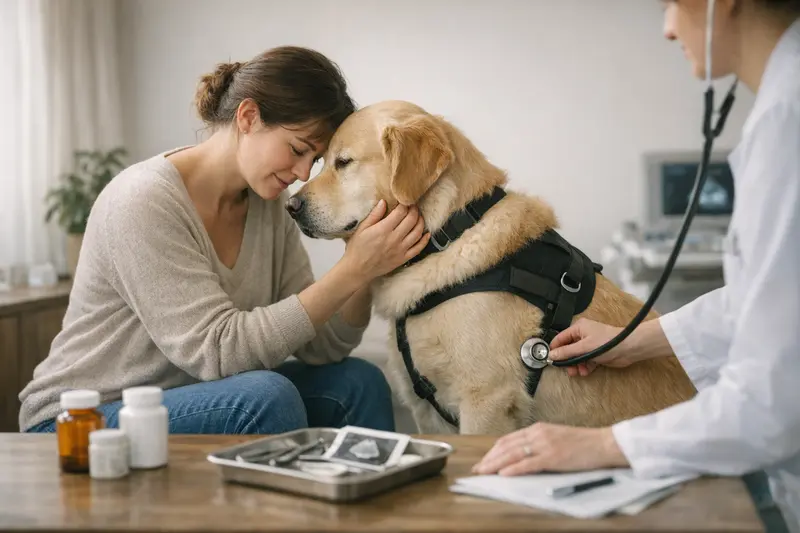 Assistenzhund und Krankenversicherung Ein Assistenzhund bei seinem Besitzer, der sich um die Gesundheit des Hundes sorgt.