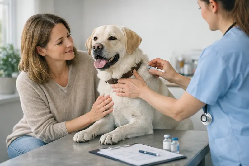 Hund beim Tierarzt mit Versicherungsabdeckung Ein Hund beim Tierarzt für eine Gesundheitsuntersuchung, die möglicherweise von einer Versicherung abgedeckt wird.
