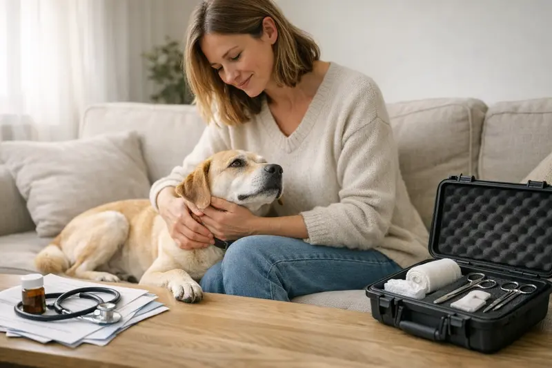 Hund beim Tierarzt mit Versicherungsunterlagen Ein Hund beim Tierarzt, umgeben von medizinischen Utensilien und Versicherungsunterlagen, symbolisiert die Entscheidung zwischen OP-Versicherung und Krankenversicherung.