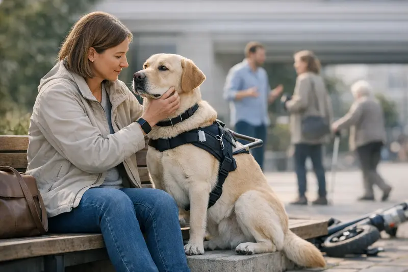 Assistenzhund mit Halter im öffentlichen Raum, wichtig für Haftpflichtversicherung.