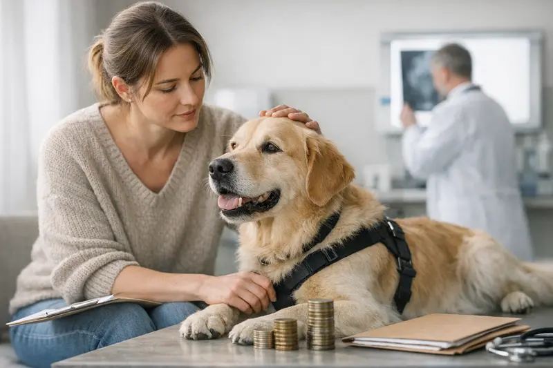 Hund beim Tierarzt mit Fokus auf Behandlungskosten Ein Hund liegt entspannt beim Tierarzt, während die Behandlungskosten und Selbstbeteiligung besprochen werden.