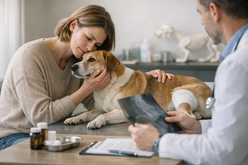 Beratung zum Thema Ataxie bei Hunden Ein Hundebesitzer berät sich mit einem Tierarzt über die Diagnose Ataxie und Versicherungsoptionen.