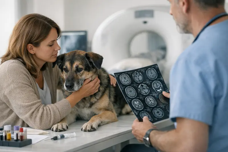 Tierarzt untersucht einen Hund auf Anzeichen von Ataxie und bespricht die Untersuchungsmöglichkeiten.
