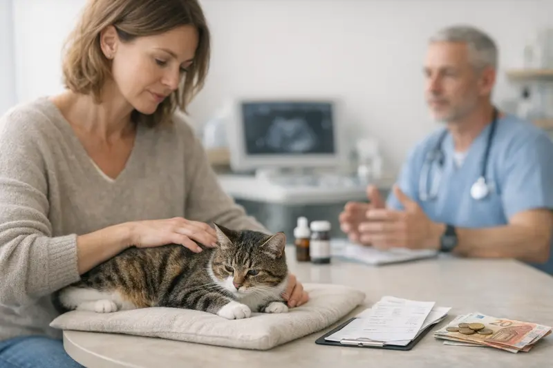 Selbstbeteiligung und Limits bei Tierarztkosten Tierarzt untersucht Katze mit Ataxie, während die Besitzerin besorgt zuschaut und über Selbstbeteiligung nachdenkt.