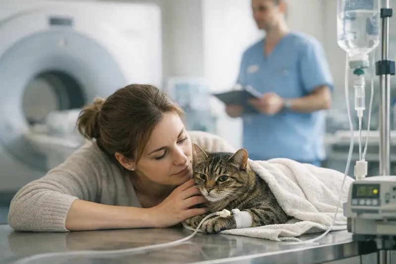 Katzenuntersuchung beim Tierarzt Ein Tierarzt untersucht eine Katze, um CT- und MRT-Optionen zu besprechen.