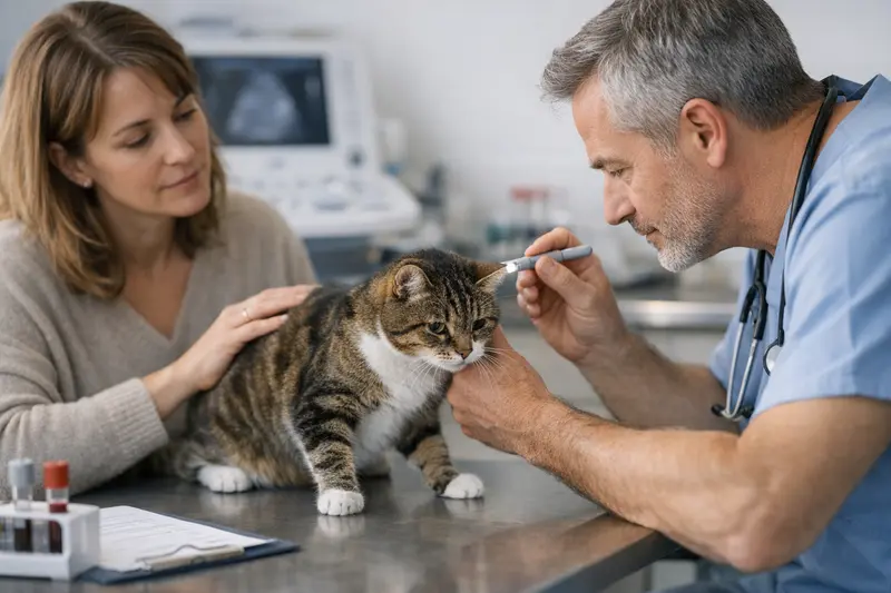 Tierarzt untersucht Katze auf Ataxie Untersuchung einer Katze bei Ataxie durch einen Tierarzt