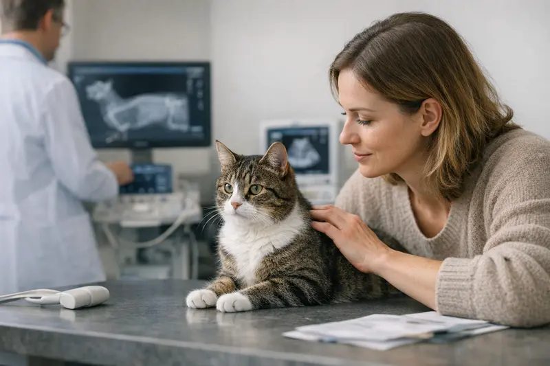Tierärztliche Diagnostik bei Katzen Eine tierärztliche Untersuchung einer Katze zur Diagnostik.