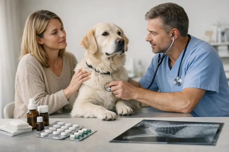 Tierarztuntersuchung Hund Krankenversicherung Eine Tierärztin untersucht einen Hund und bespricht die Diagnostik in Bezug auf die Krankenversicherung.