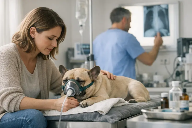 Tierärztliche Untersuchung bei Atemwegserkrankungen von Hunden Eine Tierärztin untersucht einen Hund mit Atemwegsproblemen, wichtig für Hundebesitzer, die an Versicherungen denken.