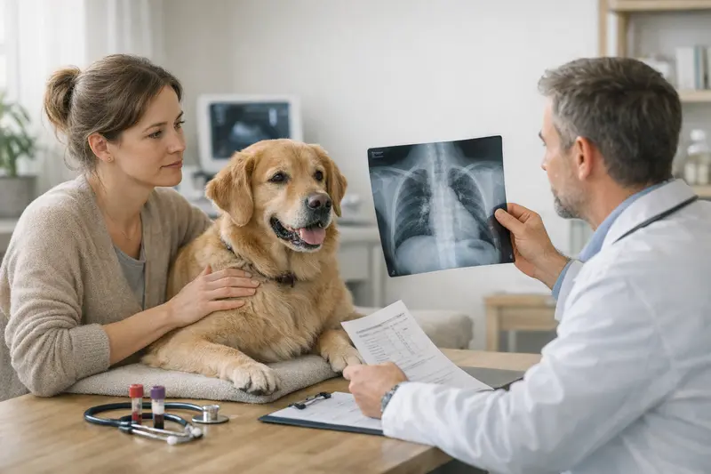 Tierarztuntersuchung bei Atemwegserkrankungen Ein Tierarzt untersucht einen Hund mit Atemwegsproblemen und bespricht die Notwendigkeit von Röntgenaufnahmen.