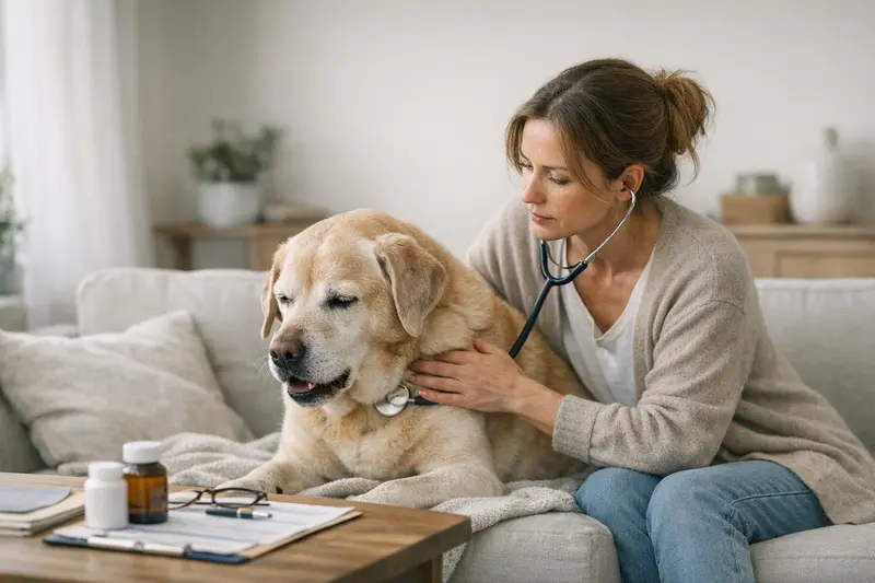 Tierarztbesuch Hund Husten Ein Hund mit Husten bei einem Tierarztbesuch zur Kontrolle von Atemwegserkrankungen.