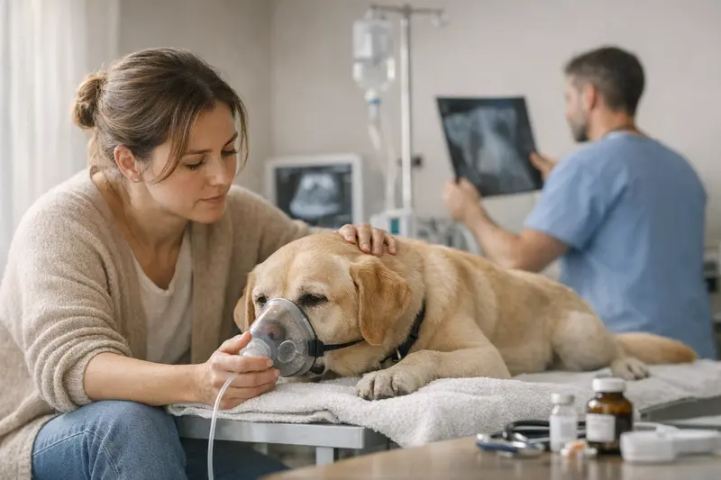 Tierarztuntersuchung Atemwege Hund Ein Hund beim Tierarzt, während einer Untersuchung aufgrund von Atemwegsbeschwerden.
