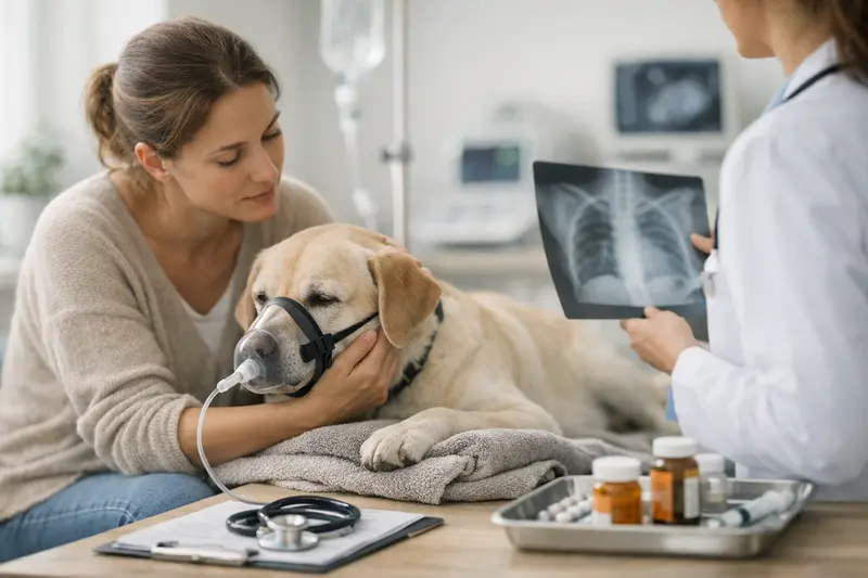 Hund beim Tierarzt zur Diagnostik von Atemwegserkrankungen.