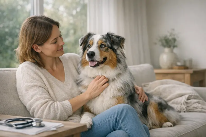 Ein gesunder Australian Shepherd beim Spielen im Park, symbolisiert die Bedeutung einer Krankenversicherung.